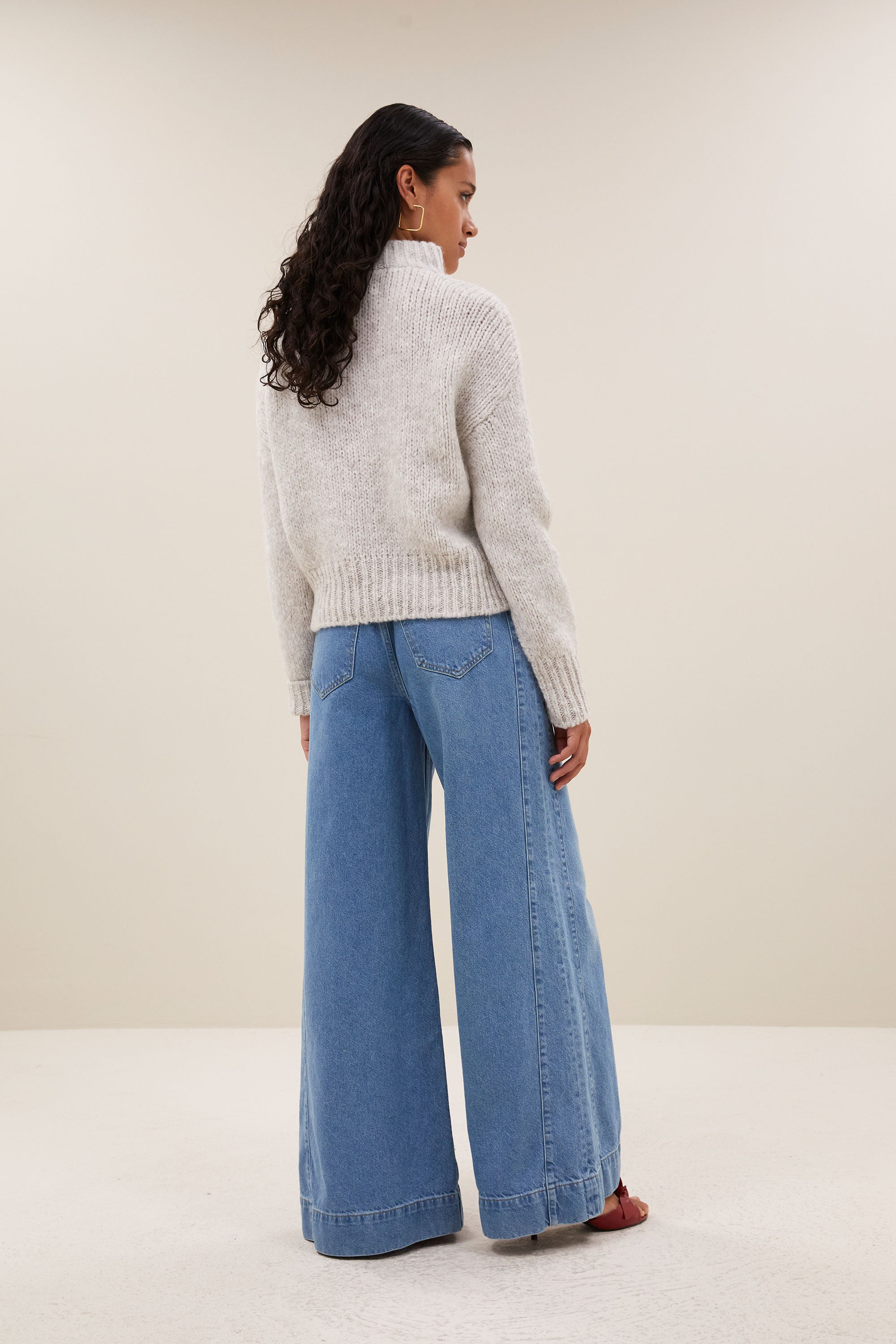 boxy beau pullover - stone grey, comfy fit, stand-up collar, zipper - by-bar  - back view