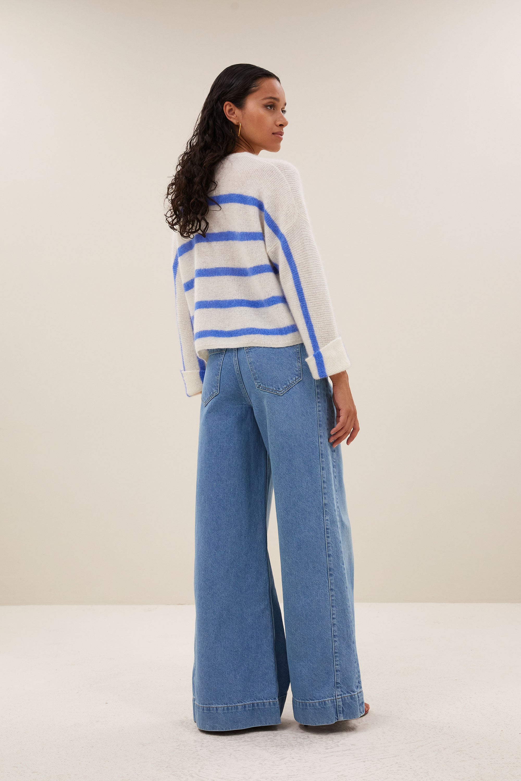 soof stripe blouse - sintra blue stripe, cotton quality, pleated details, timeless fit - by-bar - back view