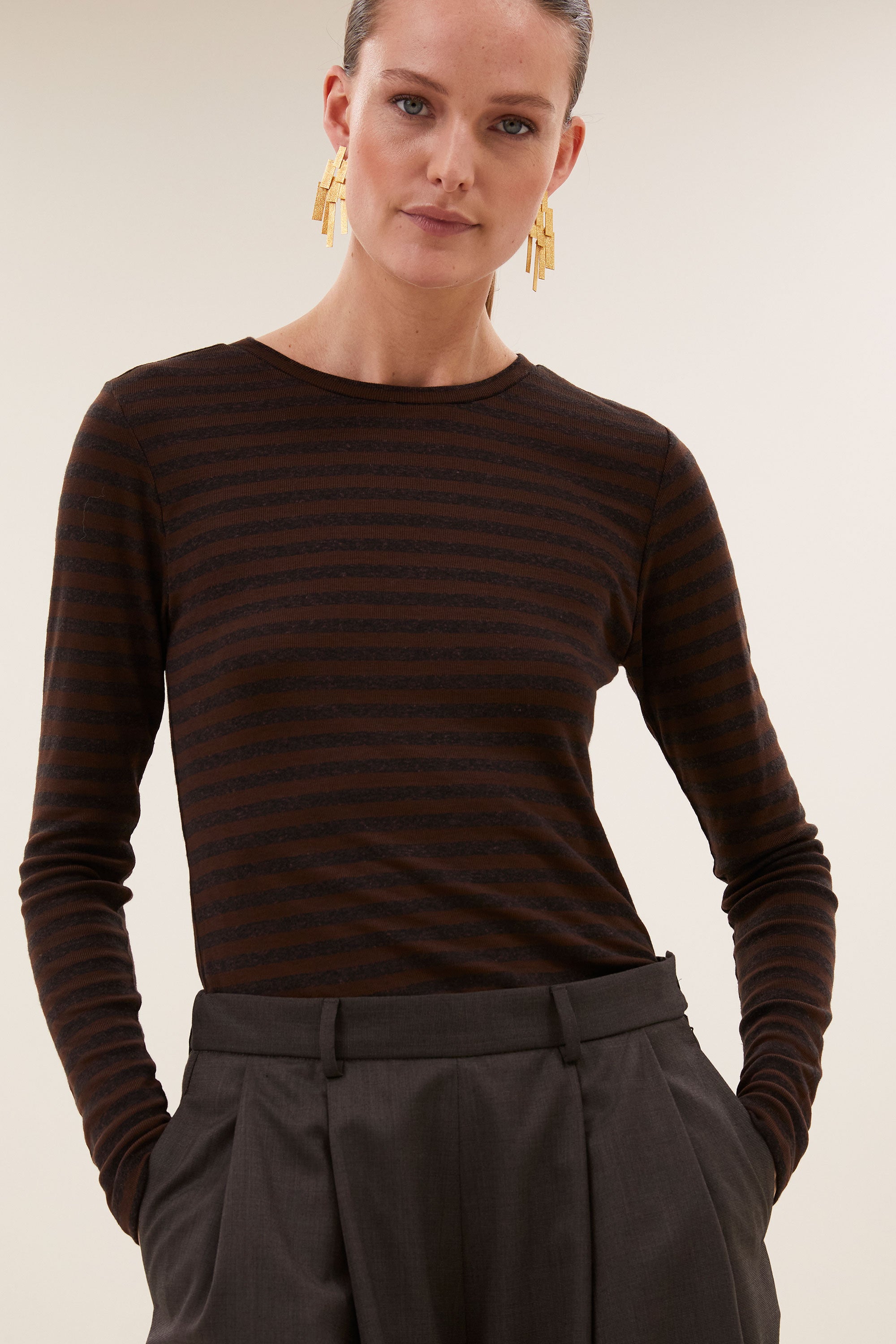 basic ls melange stripe top | coffee bean