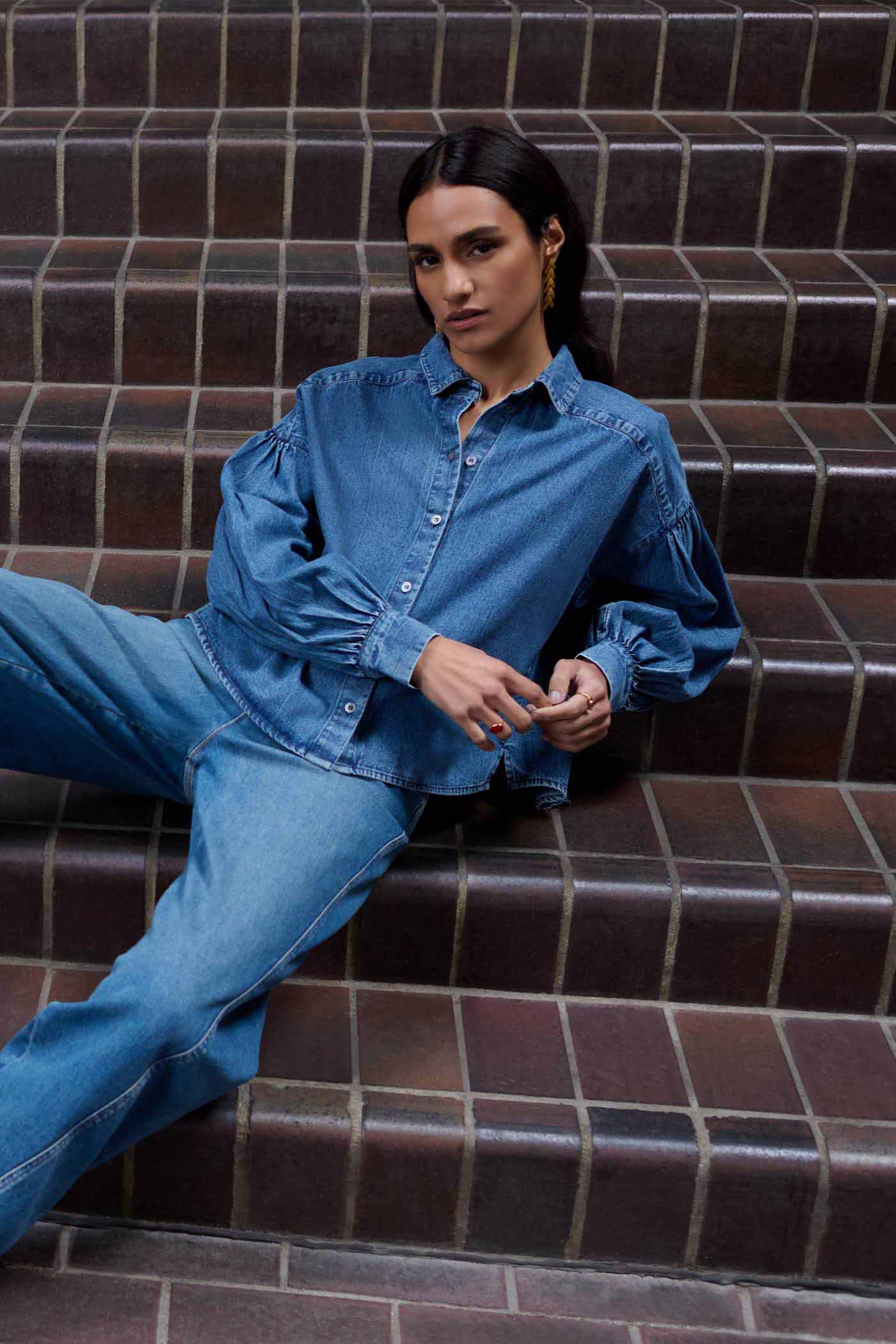 sarah short denim blouse | medium denim