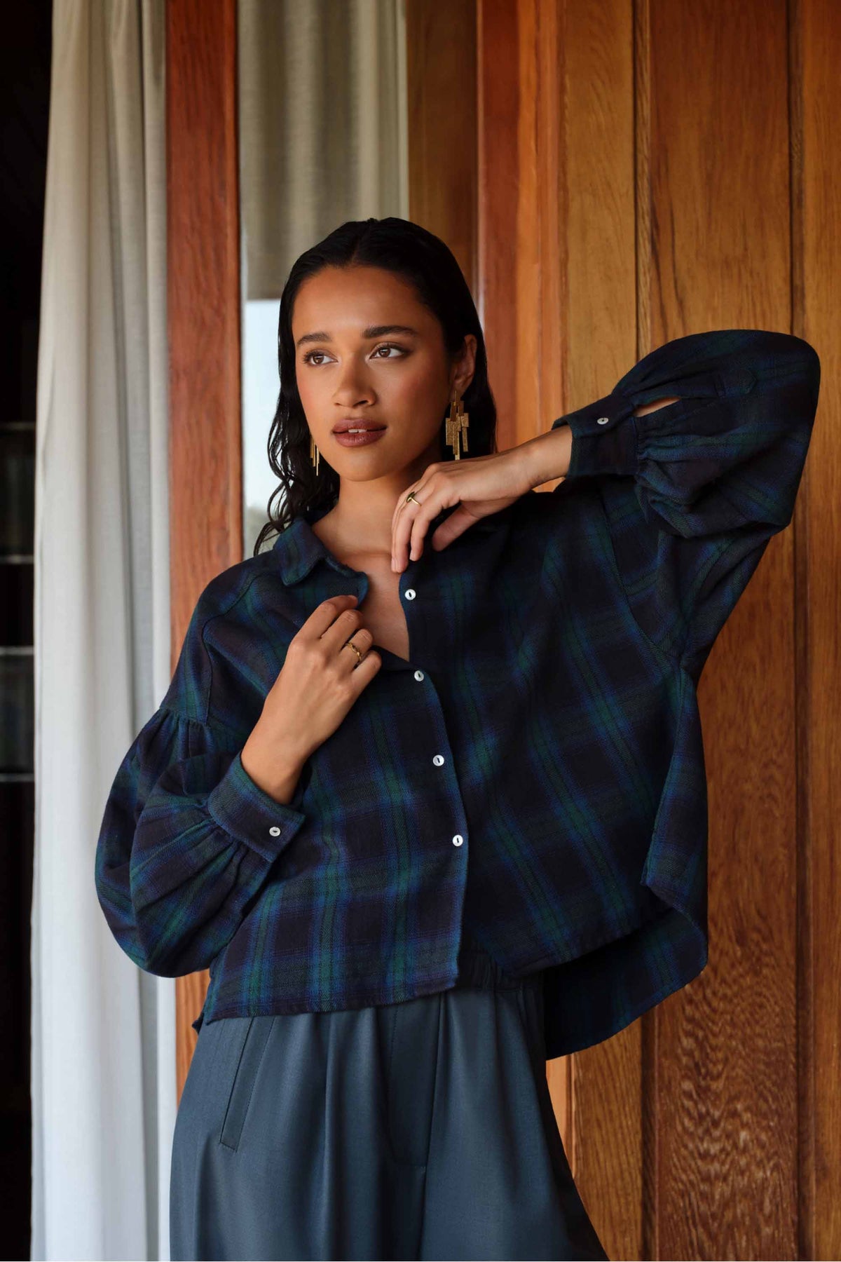 sarah short green check blouse | green tartan check