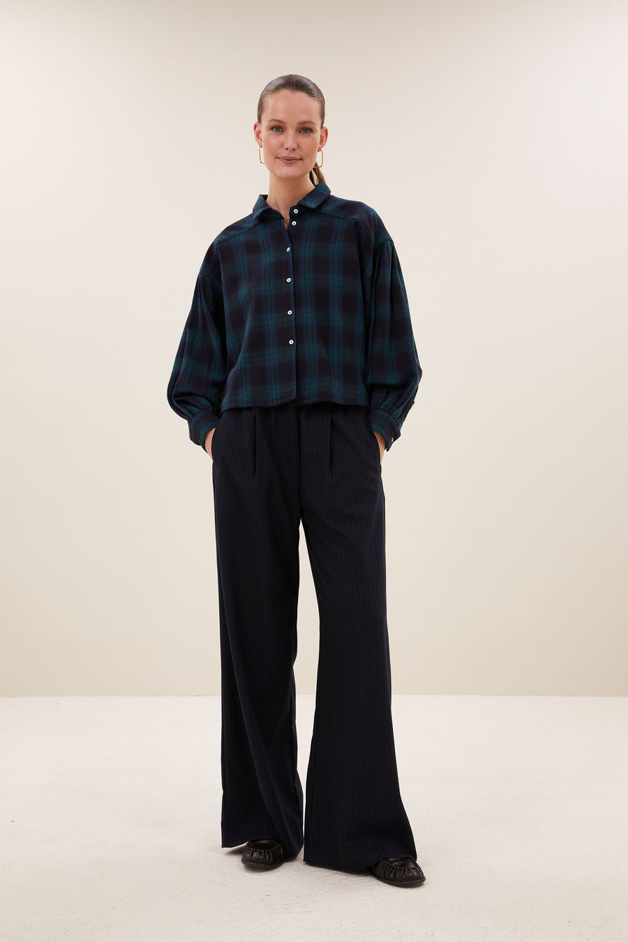 sarah short green check blouse | green tartan check