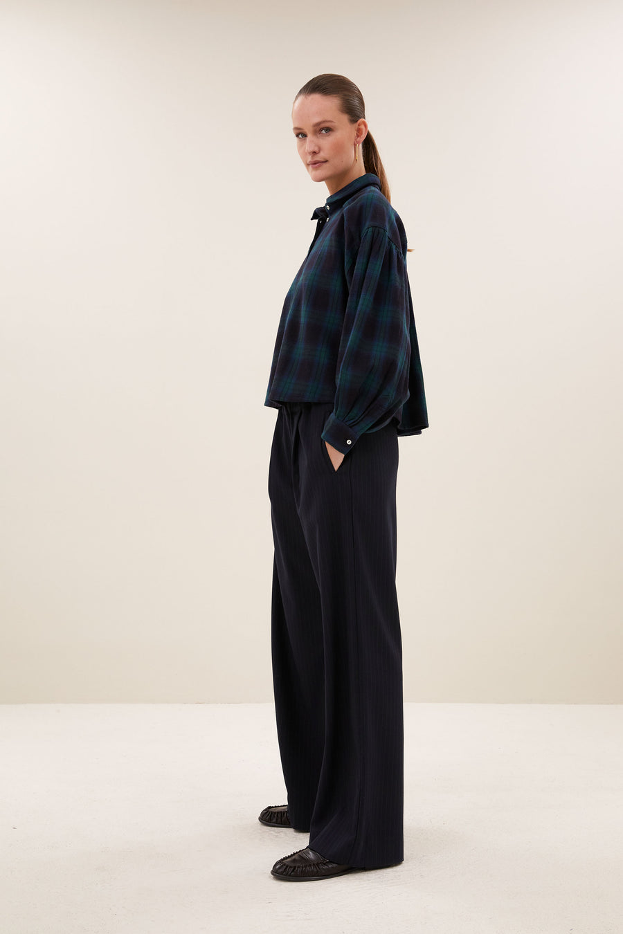 sarah short green check blouse | green tartan check