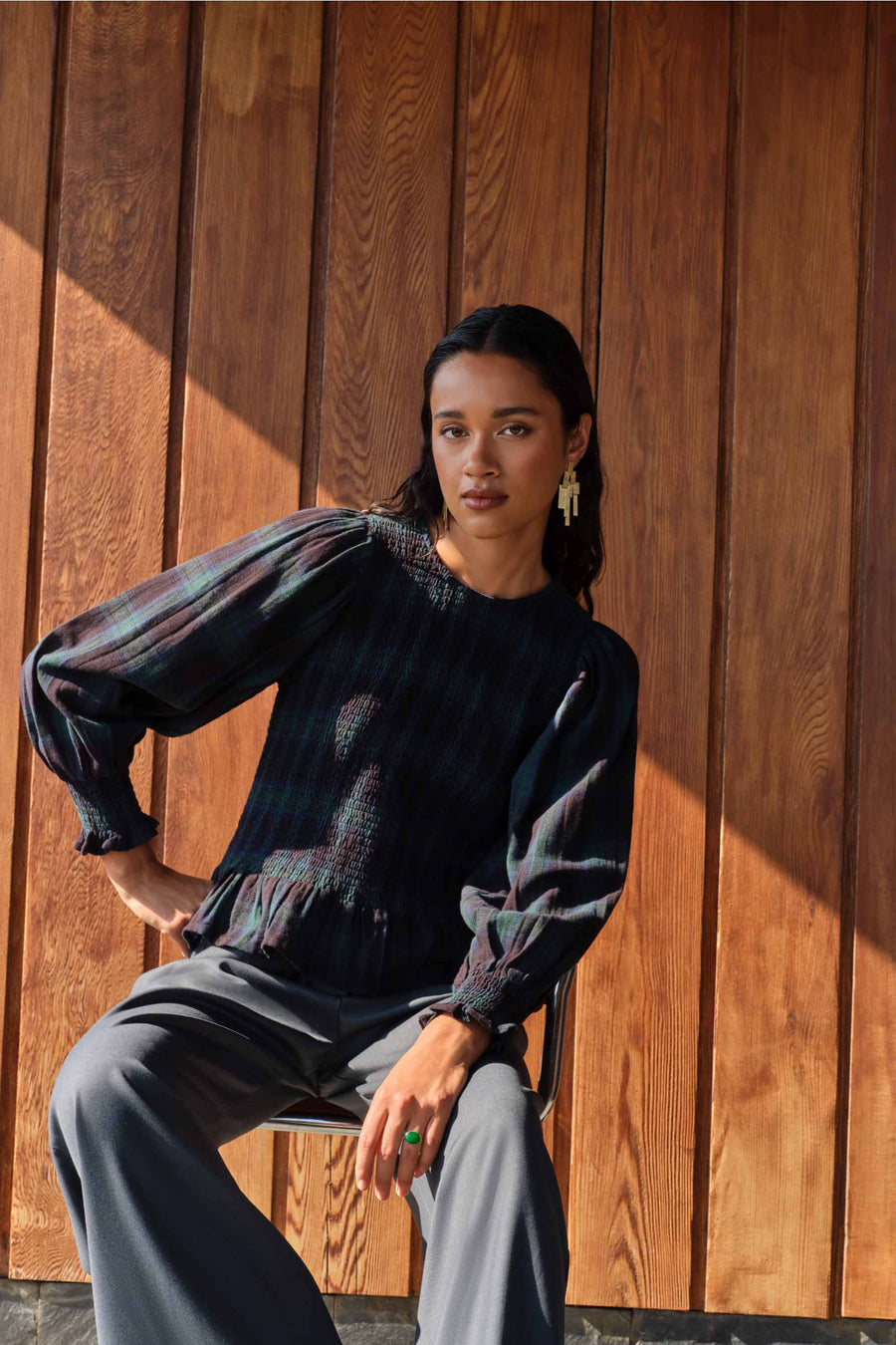 yena green check blouse | green tartan check