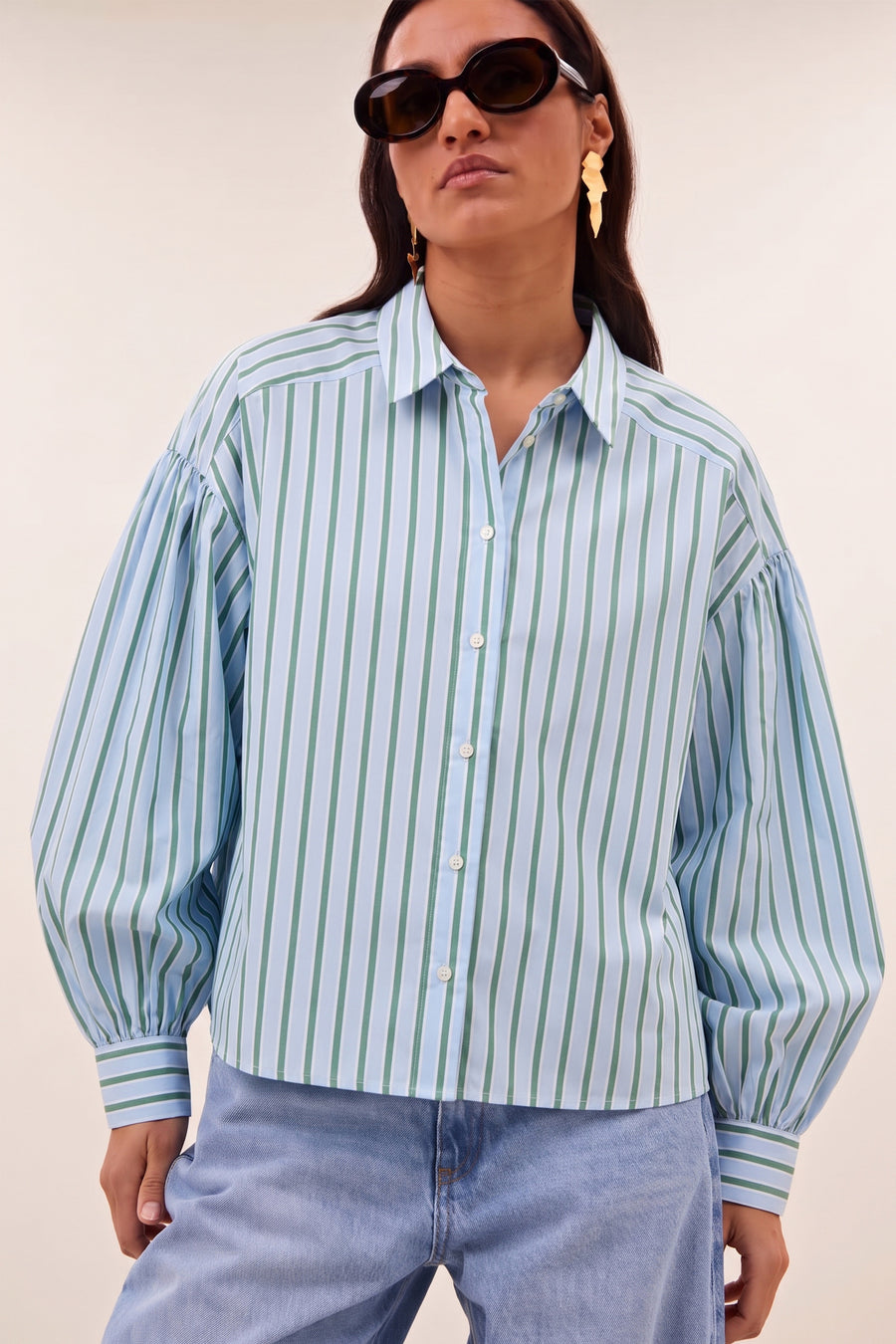 sarah short sea blouse | green sea stripe