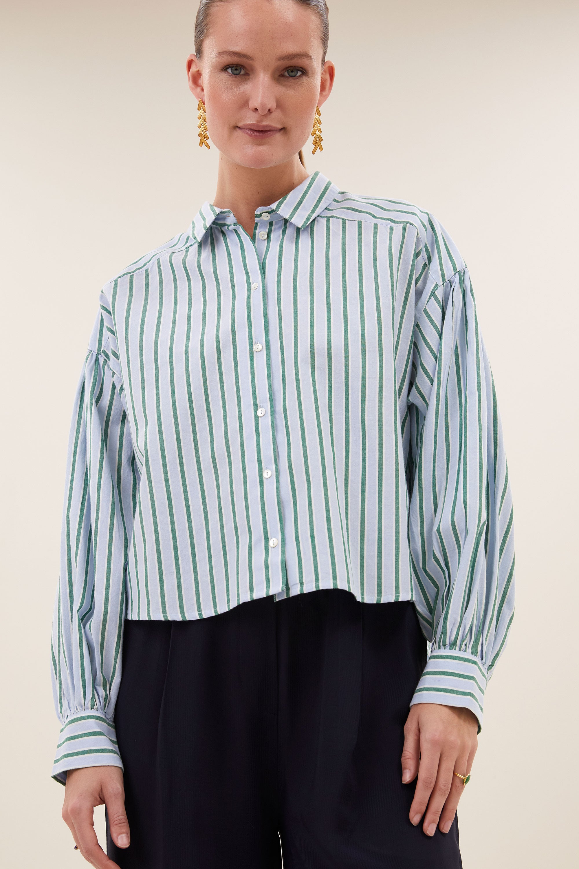 sarah short sea blouse | green sea stripe
