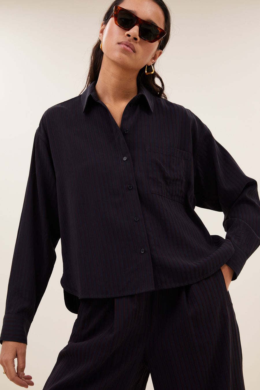 lise wide stripe blouse | wine stripe