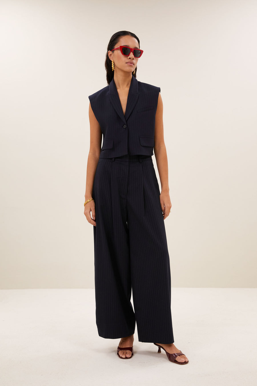 bobi pinstripe gilet | midnight